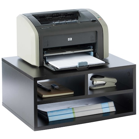 Basicwise Black Wood Desktop Printer Stand Shelf, Office Desk Organizer with Storage Compartments for Printer QI003731.BK